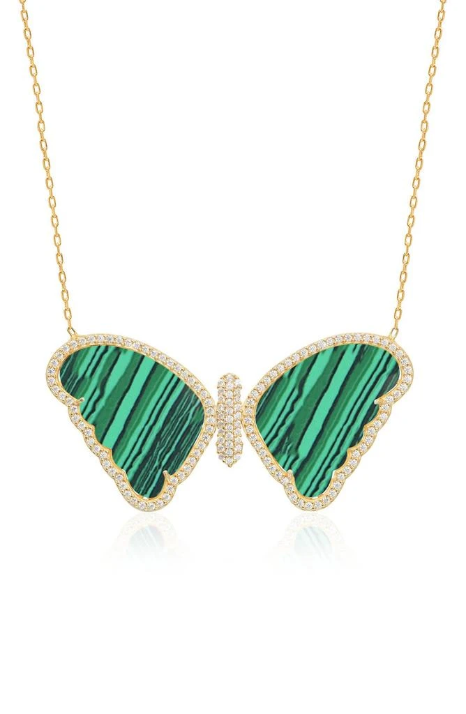 Gabi Rielle 14K Yellow Gold Plated Sterling Silver Pave CZ & Malachite Butterfly Pendant Necklace 1