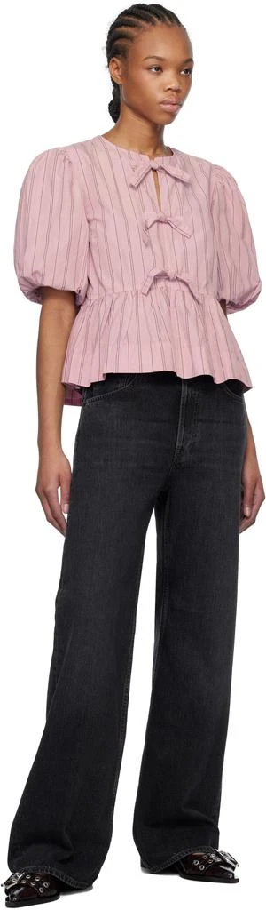 Ganni Pink Cotton Poplin Peplum Tie Blouse 4