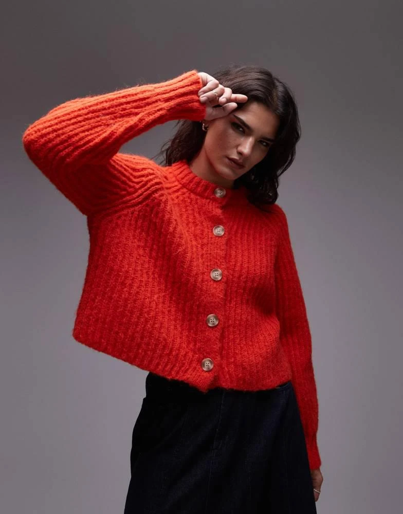 Topshop Topshop knitted chunky crew neck cardigan in red 1