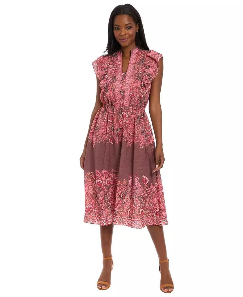 London Times Women's Printed Split-Neckline Ruffle Midi Dress