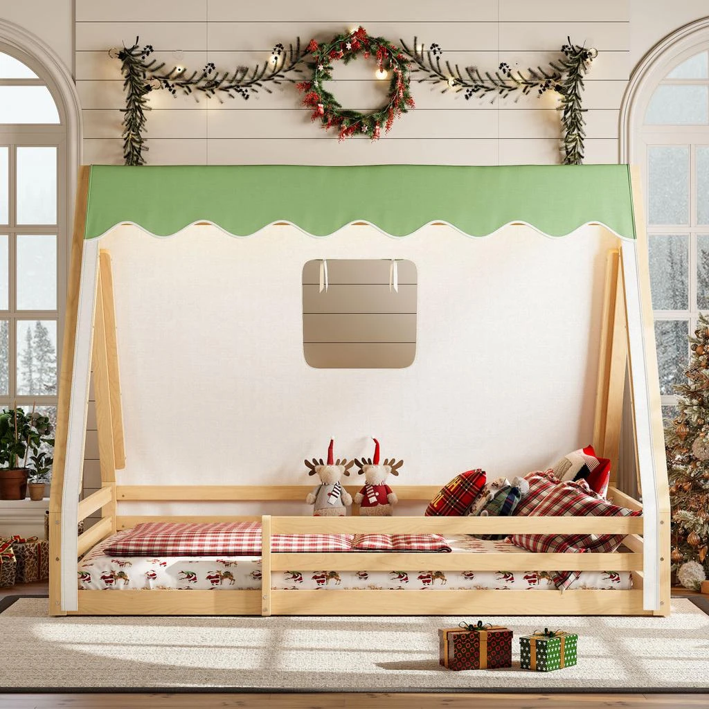 Streamdale Furniture Streamdale Full Size House Floor Bed with Tent and Light, Solid Wood Teepee Design 5