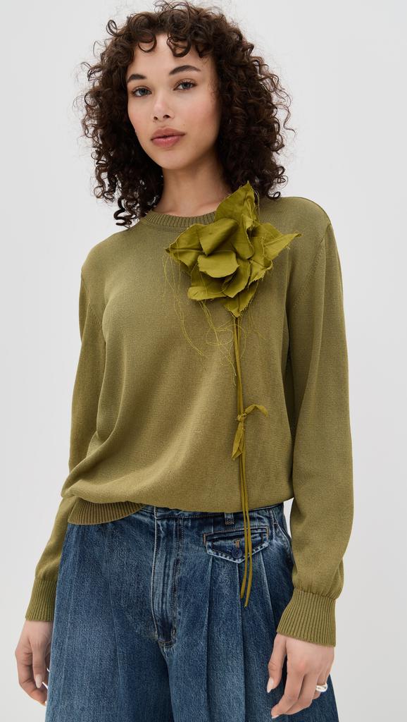 Marques Almeida Thin Knit Crew Neck Sweater with Flower Embellishment