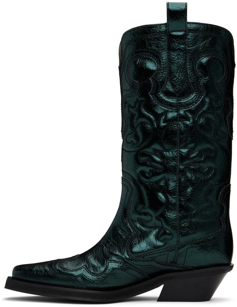 Ganni Green Metallic Mid Shaft Embroidered Western Boots 3