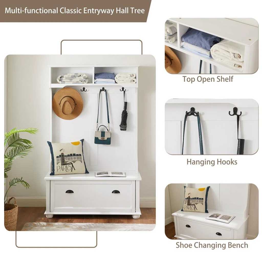 Streamdale Furniture Streamdale Coastal Style White Hall Tree Bench with Shoe Cabinets 2