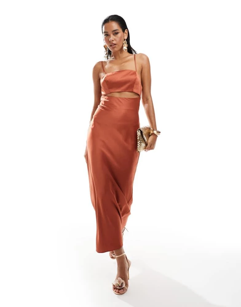 ASOS ASOS DESIGN satin bias cut out midi dress in rust 1