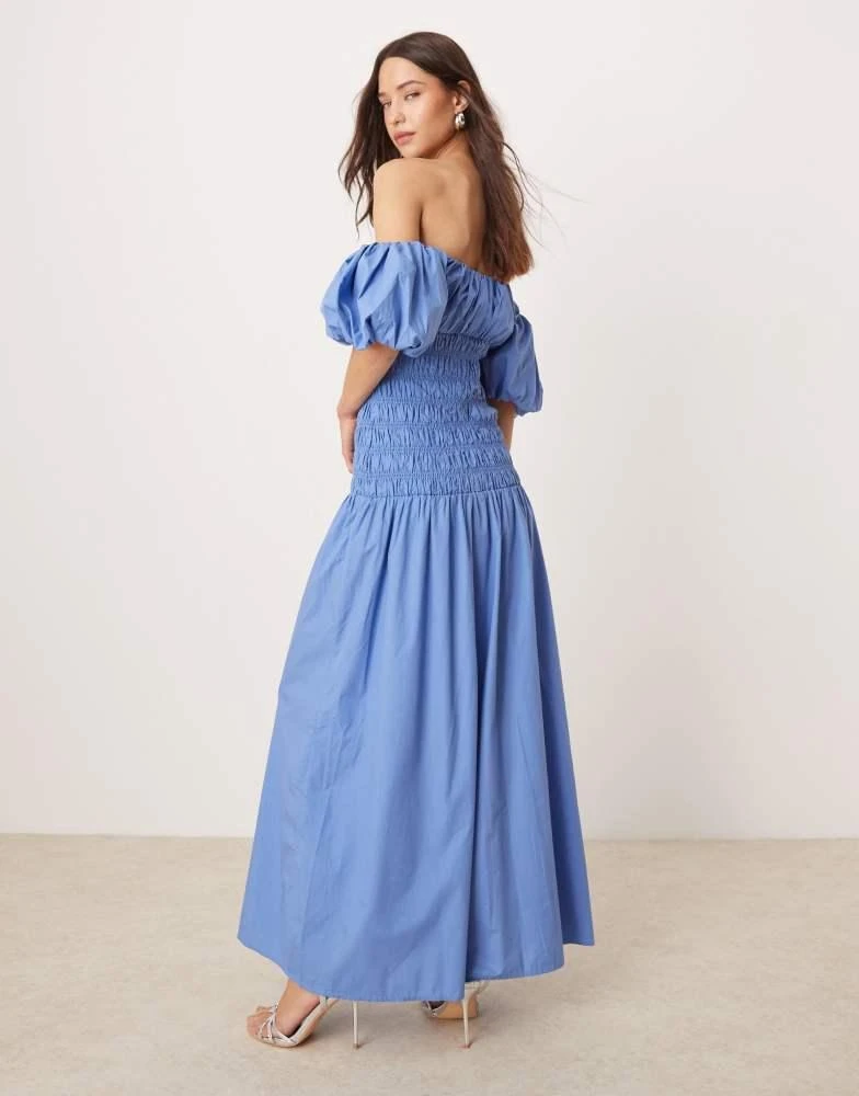 Abercrombie & Fitch Abercrombie & Fitch off the shoulder smocked low waist maxi dress in blue tile print 4