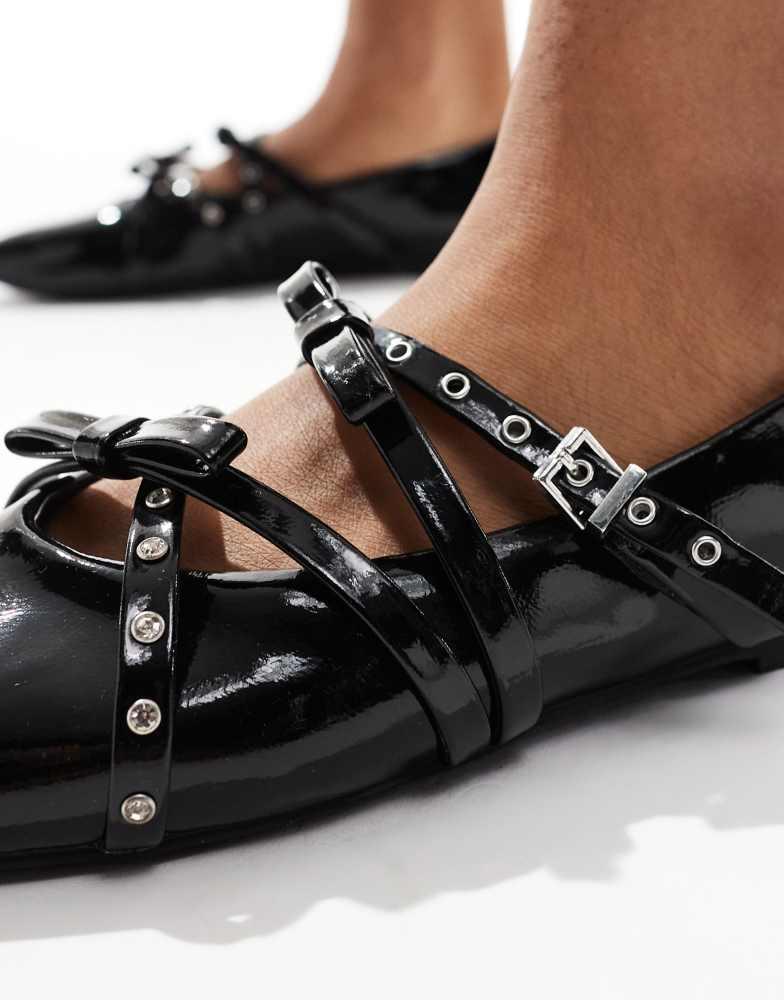 Stradivarius Stradivarius strappy studded ballet shoe in black