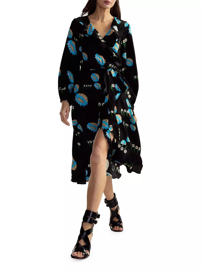 Cynthia Rowley Belted Floral Ruffle-Trim Wrap Midi-Dress