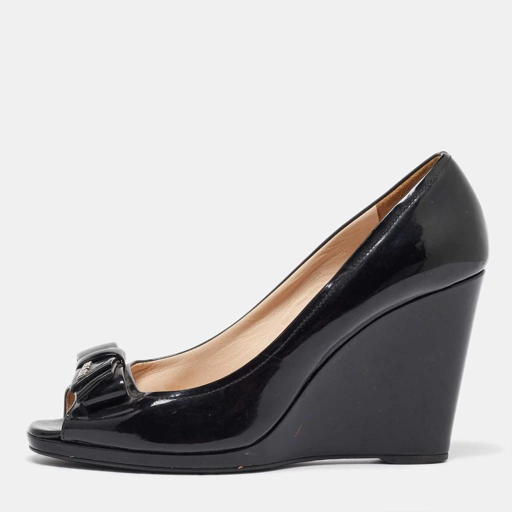 Prada Prada Black Patent Leather Bow Peep Toe Wedge Pumps Size 39 1