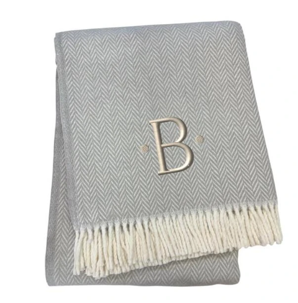 Hivvago 55" X 70" Gray And White Herringbone Cotton Blend B Initial Throw Blanket with Tassels And Embroidery 3