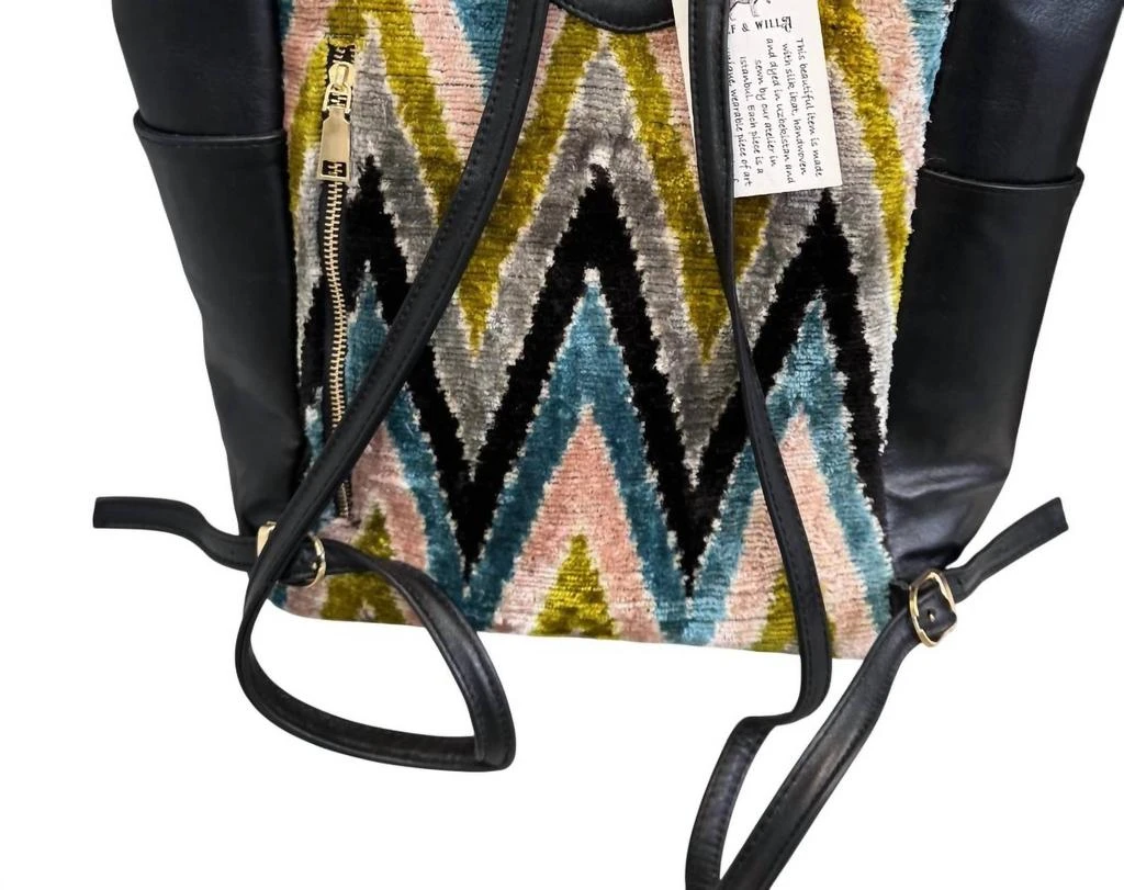 WOLF & WILLA Zig Zag Ikat Silk Backpack In Lime & Blue 2