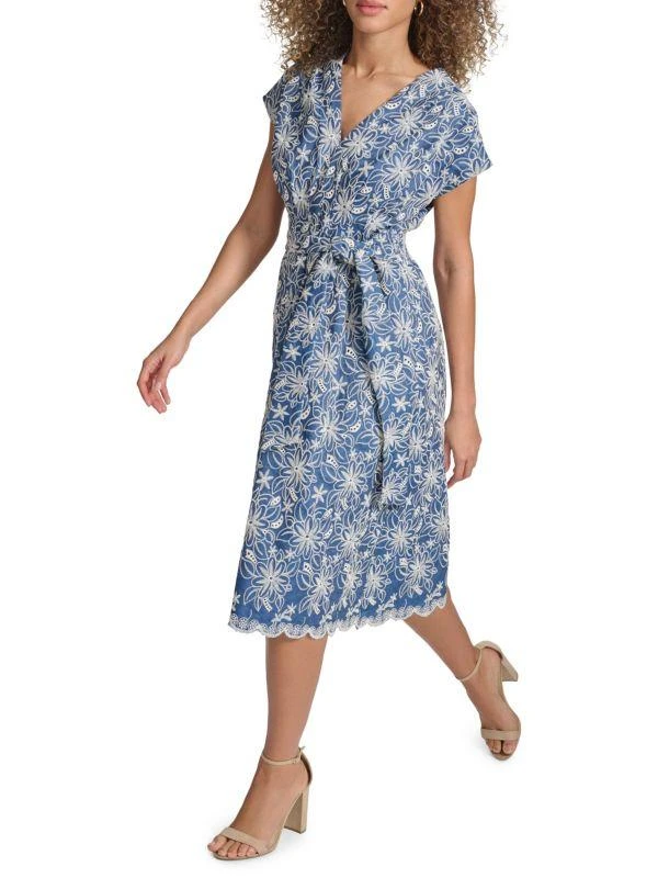 Kensie Kensie Faux-Wrap Embroidered Chambray Midi-Dress 3
