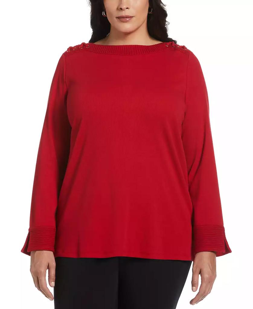 Rafaella Plus Size Laced Boatneck Long Sleeve Top