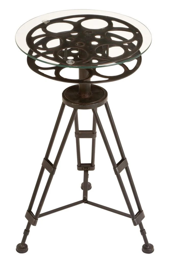 SONOMA SAGE HOME Black Metal Film Reel Accent Table with Tripod Legs and Glass Top 4