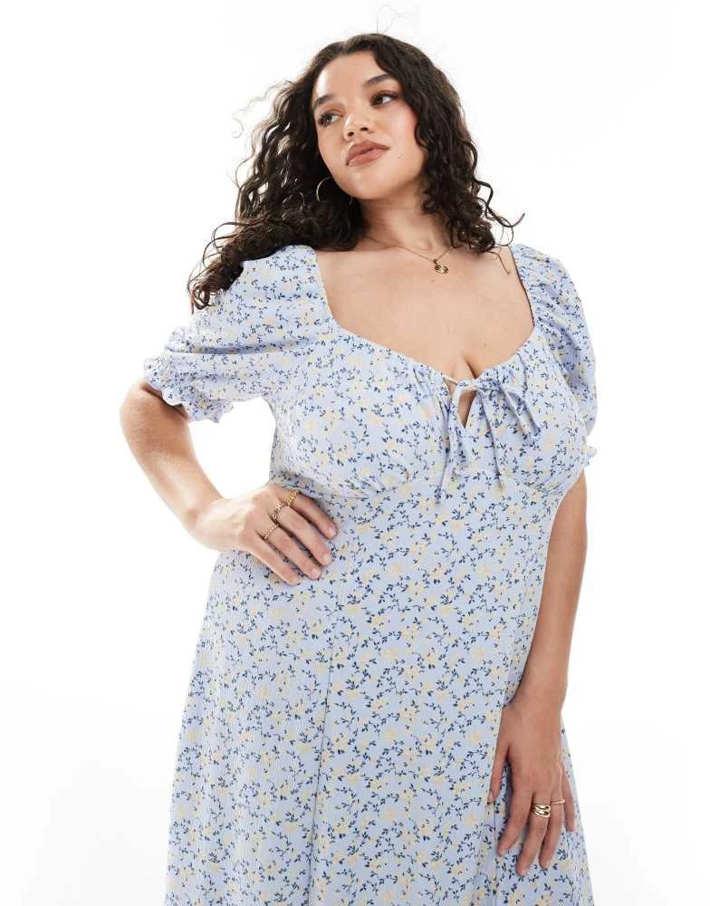 New Look Plus New Look Curve crinkle milkmaid midi dress in blue floral 2
