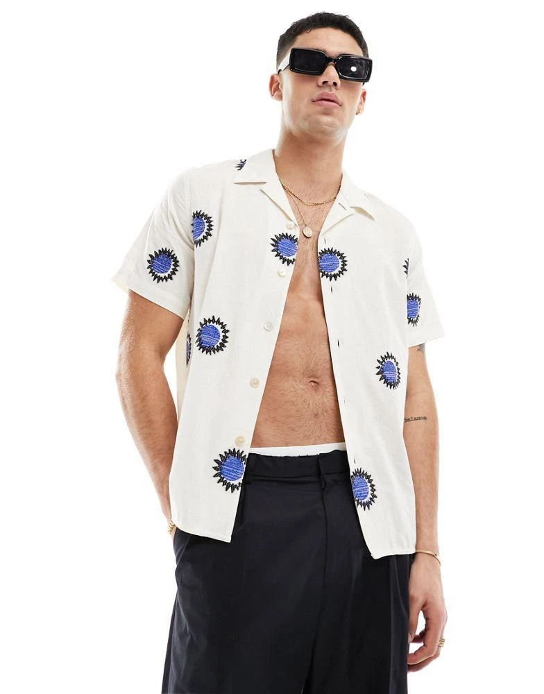 Paul Smith Paul Smith revere collar shirt in cream with all over blue print 1