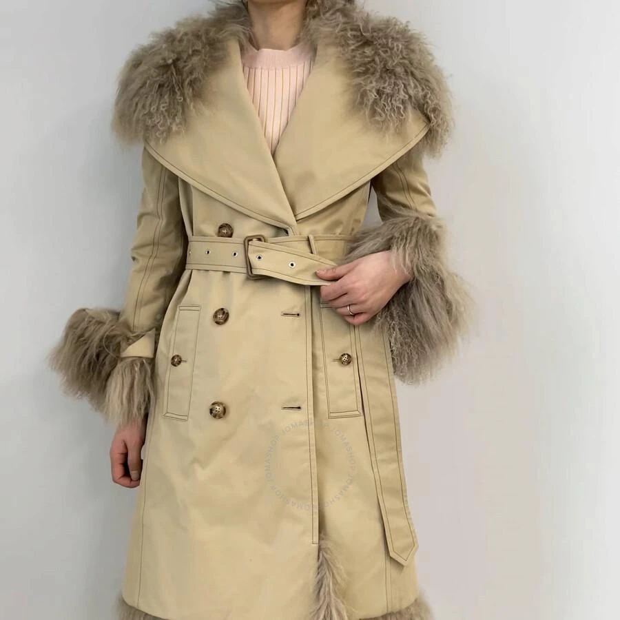 Burberry Cotton Gabardine Shearling Trim Belted Trench Coat 1