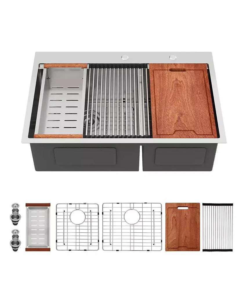 Flynama 36x22x10inch Topmount Double Bowl Kitchen Sink 16 Gauge Stainless Steel Split Brushed Nickel 8