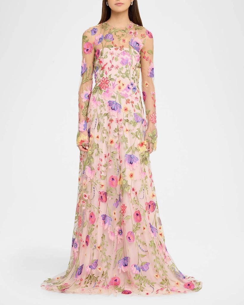 Naeem Khan Floral Embroidered Long-Sleeve Illusion Gown 2