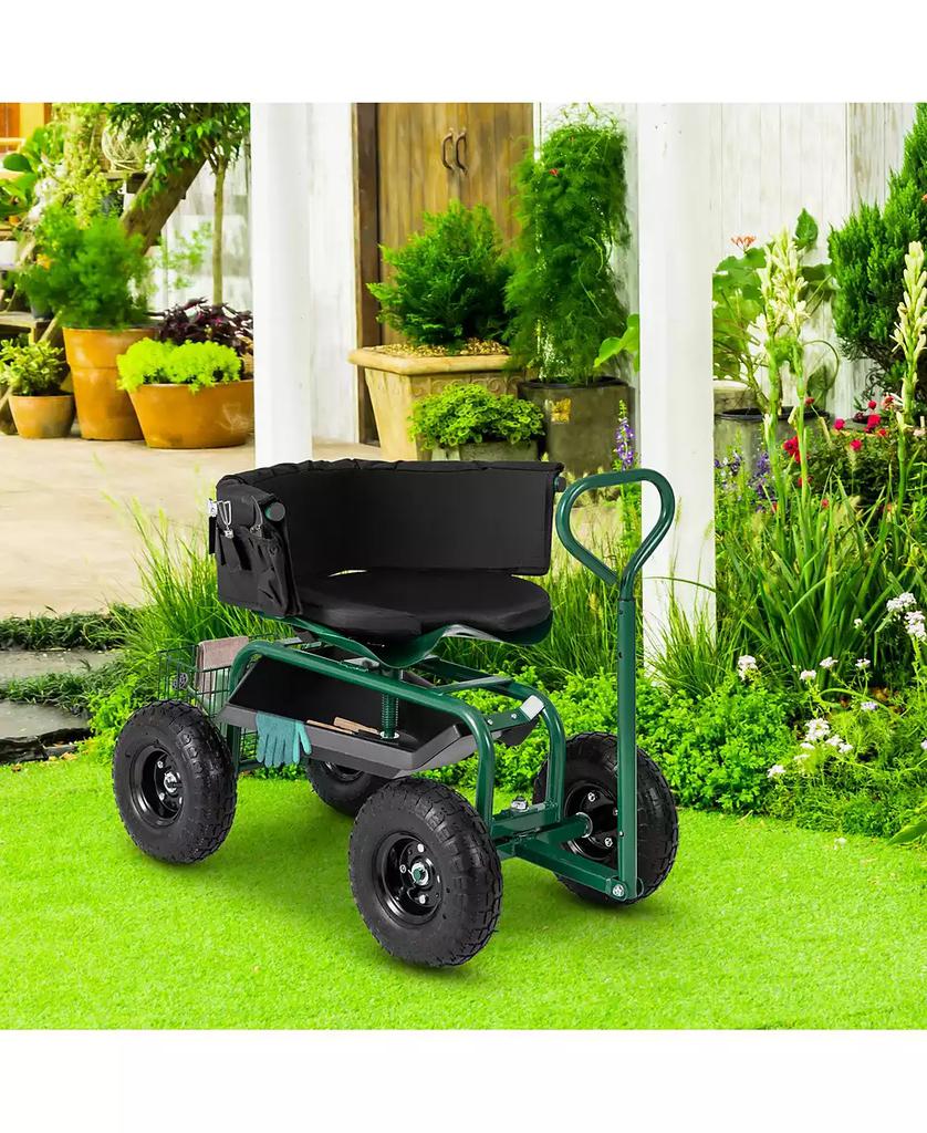 SUGIFT Cushioned Rolling Garden Cart Scooter with Storage Basket and Tool Pouch