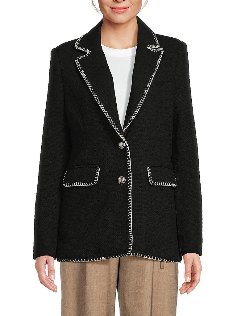 Avec Les Filles Womens Tweed Contrast Stitch Two-Button Blazer 1