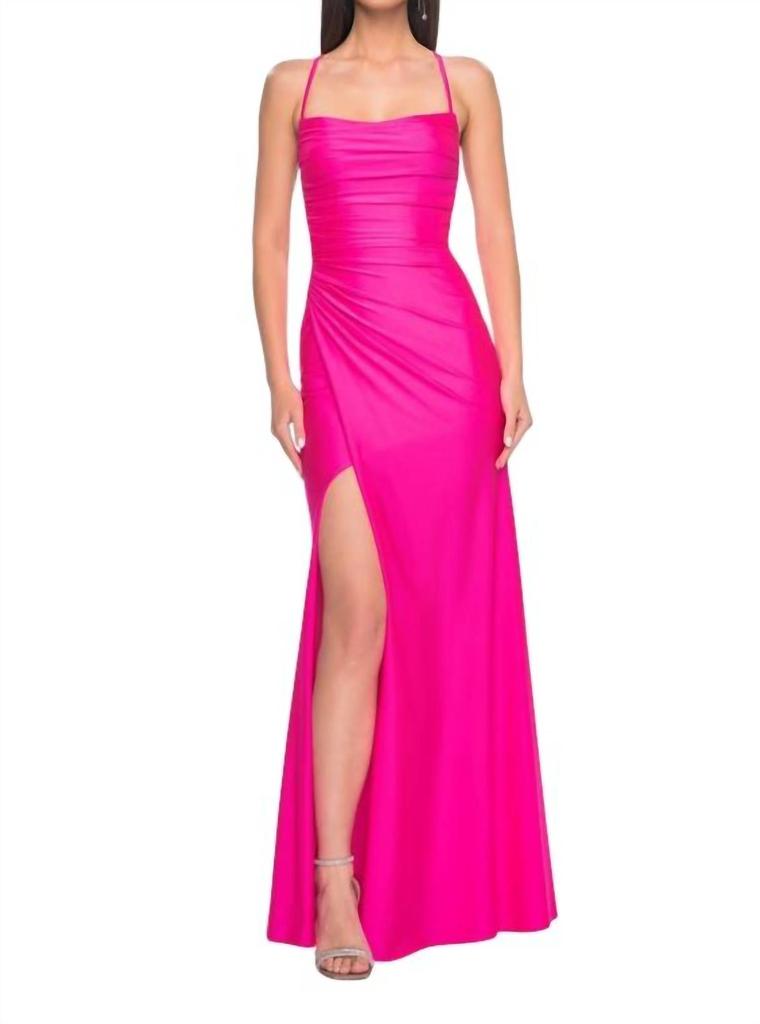 La Femme Strappy Open-Back Long Dress In Neon Pink