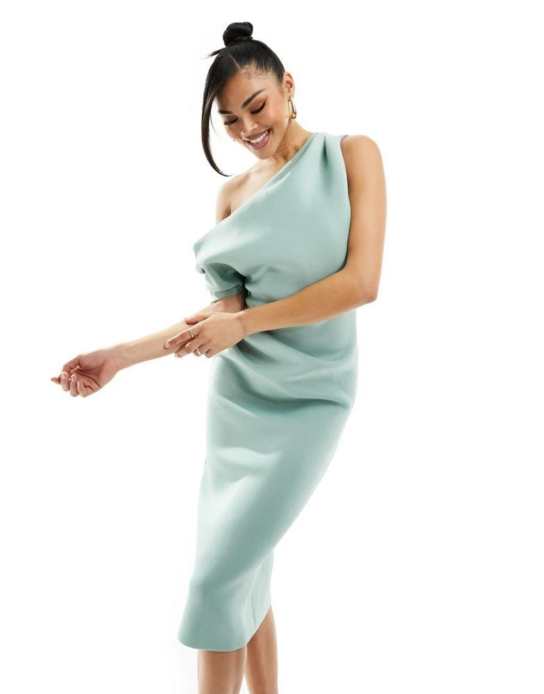 ASOS ASOS DESIGN fallen shoulder pleat midi scuba dress in sage green 2
