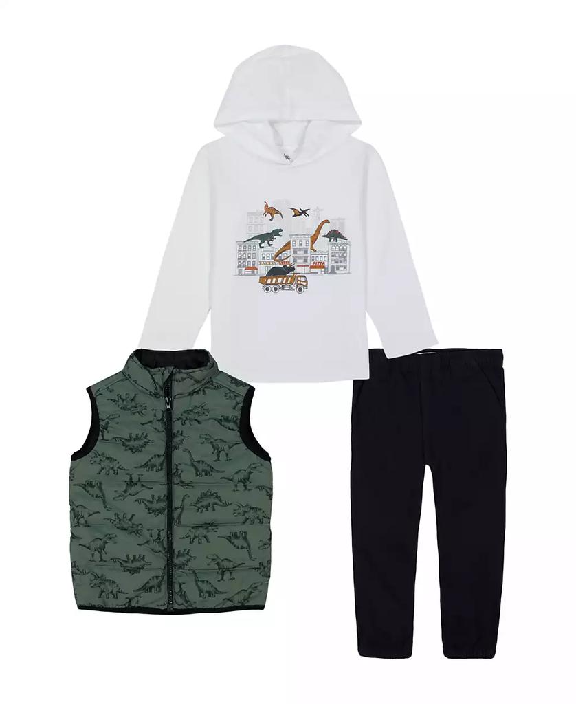 KIDS HEADQUARTERS Baby Boys Dino-Themed Puffer Vest Twill Joggers, 3-Piece Set