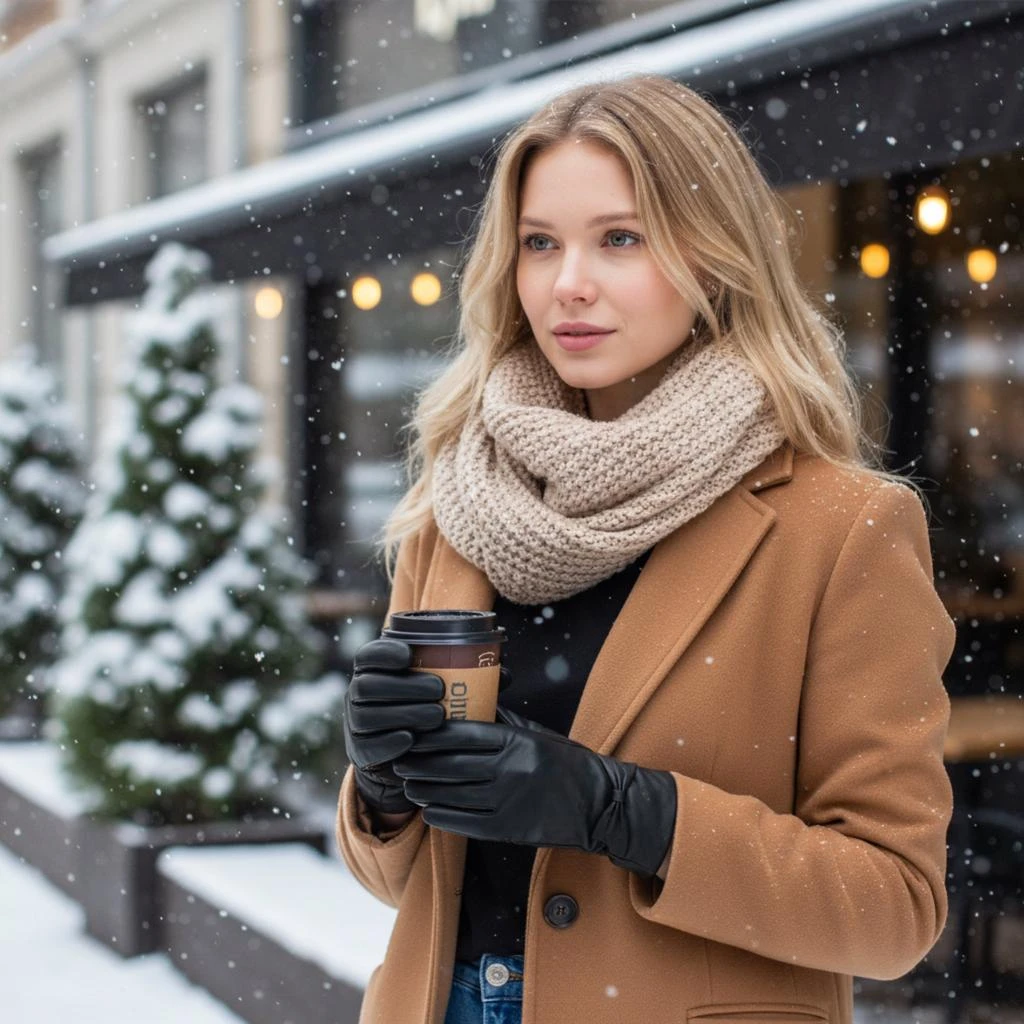 Infinity Leather Womens Black Italian Leather Soft Wool Lining Winter Bow Design Driving Gloves 2