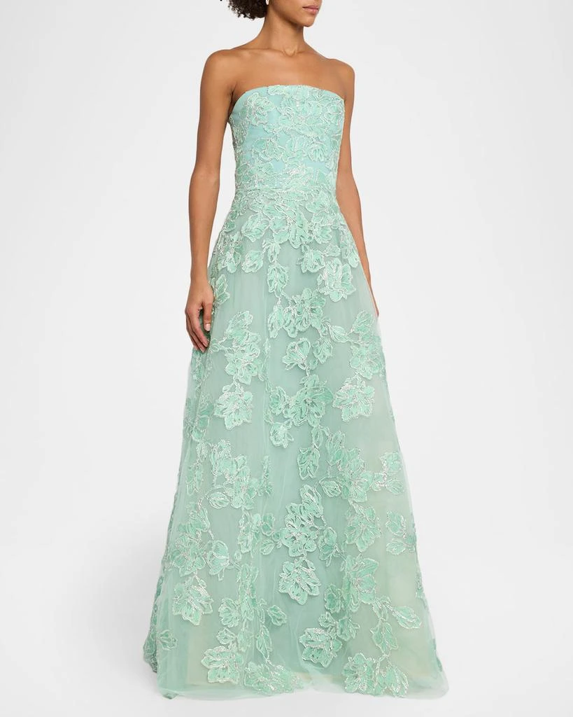 REEM ACRA Floral Metallic Raffia Embroidered Tulle Strapless Gown 4
