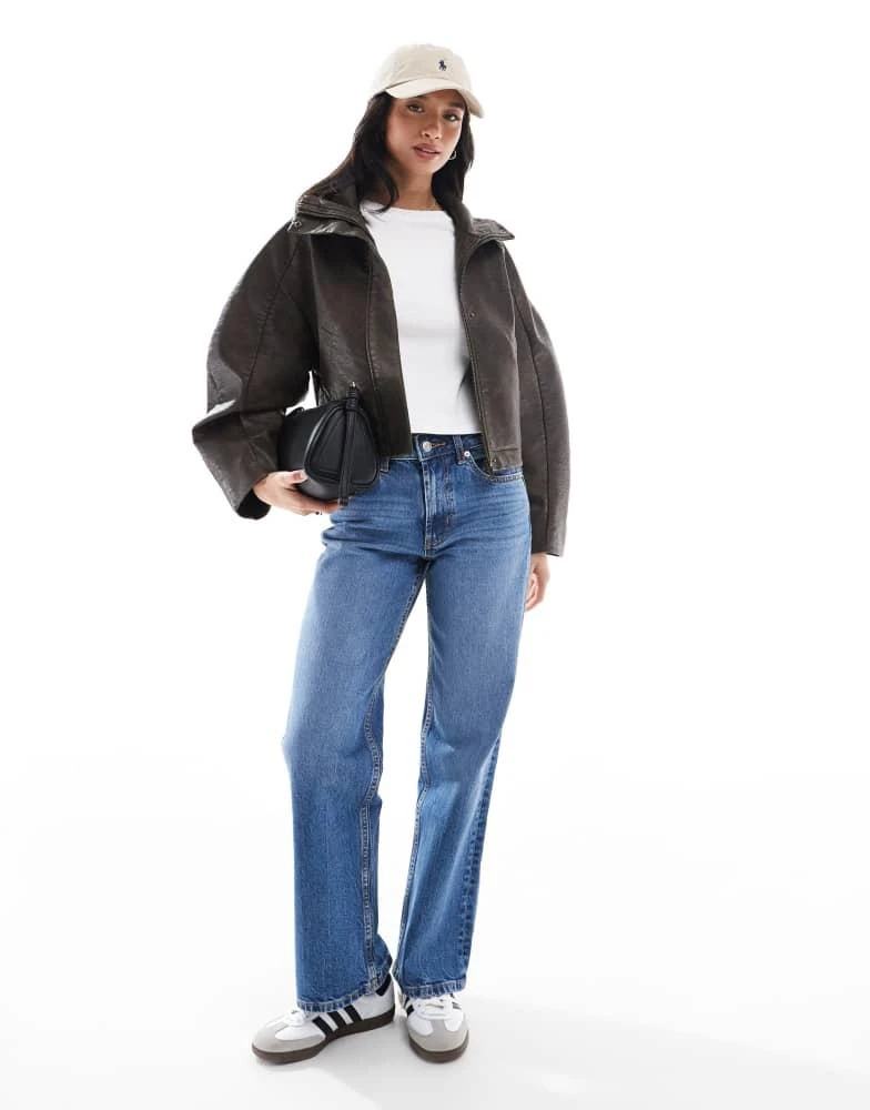ASOS ASOS DESIGN Petite funnel neck textured leather look bomber jacket in brown 2