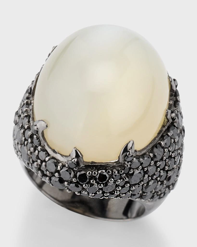 Piranesi 18K Black Gold Cabochon White Moonstone and Black Diamond Ring, Size 7 3
