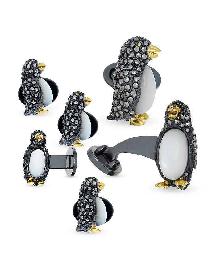 Jan Leslie Penguin Sterling Silver, Mother Of Pearl & Marcasite Stud & Cufflink Set