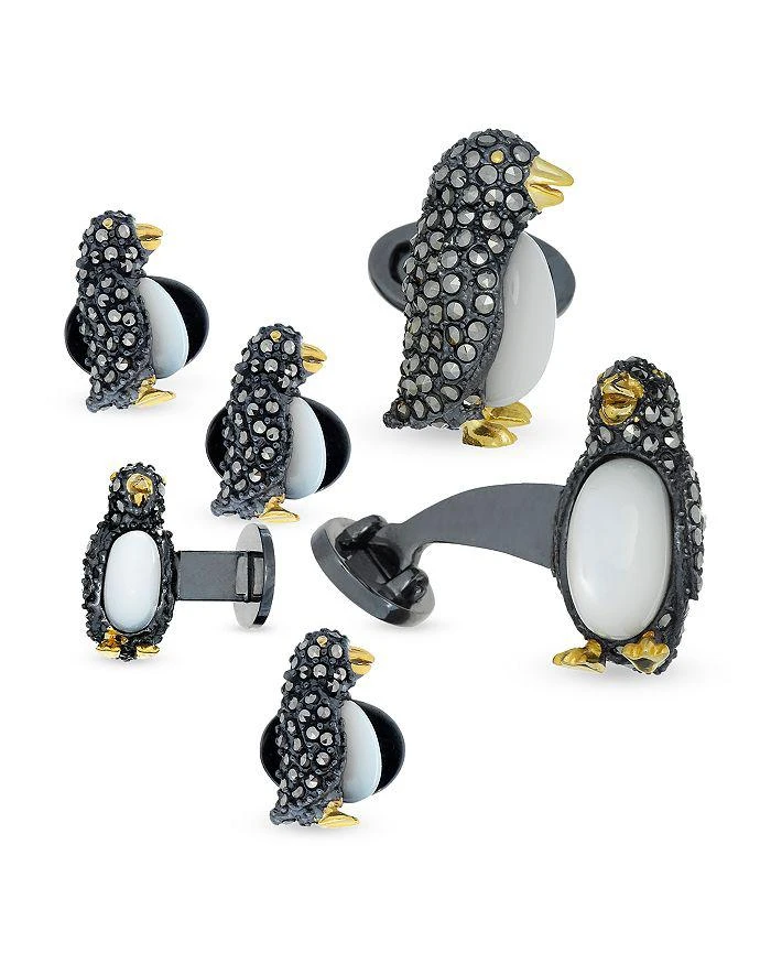 Jan Leslie Penguin Sterling Silver, Mother Of Pearl & Marcasite Stud & Cufflink Set 1