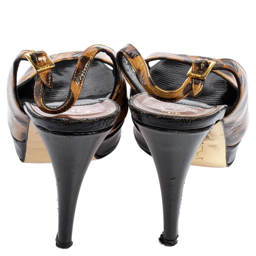 Gina Gina Brown/Black Leopard Print Patent Leather Peep Toe Platform Slingback Sandals Size 39 5
