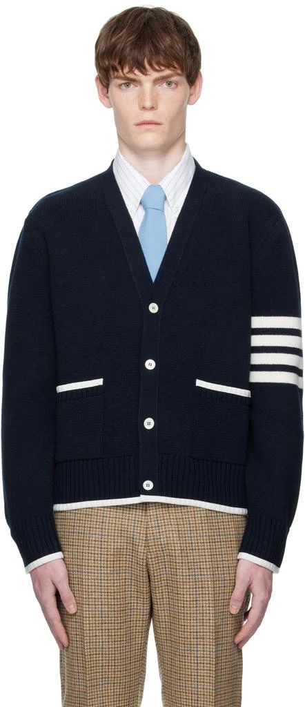 Thom Browne Navy Milano Stitch Merino Wool 4-Bar V-Neck Cardigan 1