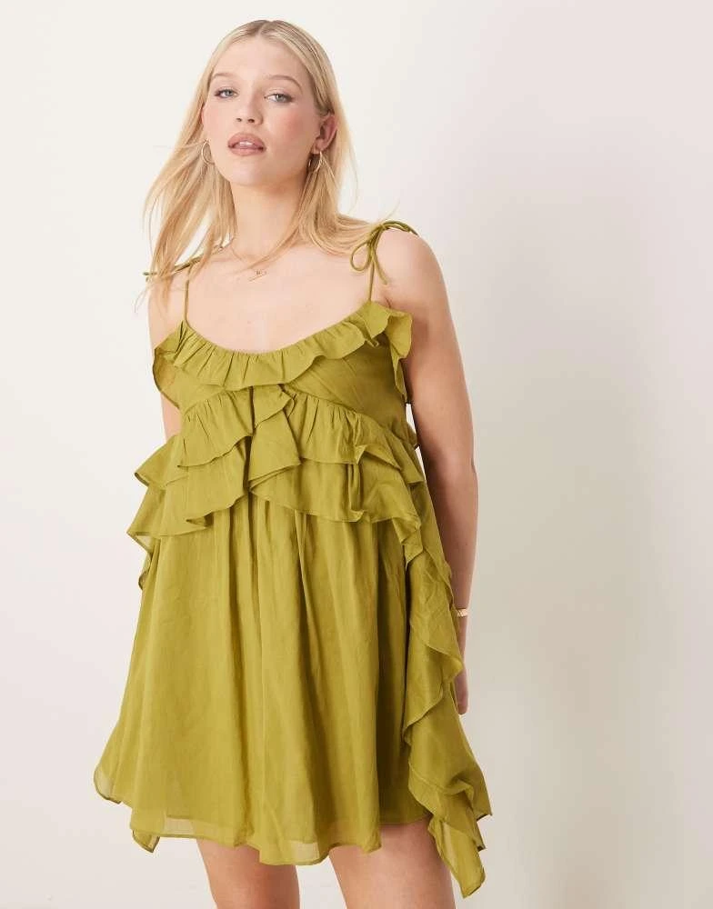 ASOS ASOS DESIGN scoop neck ruffle mini dress with tie straps in green 4
