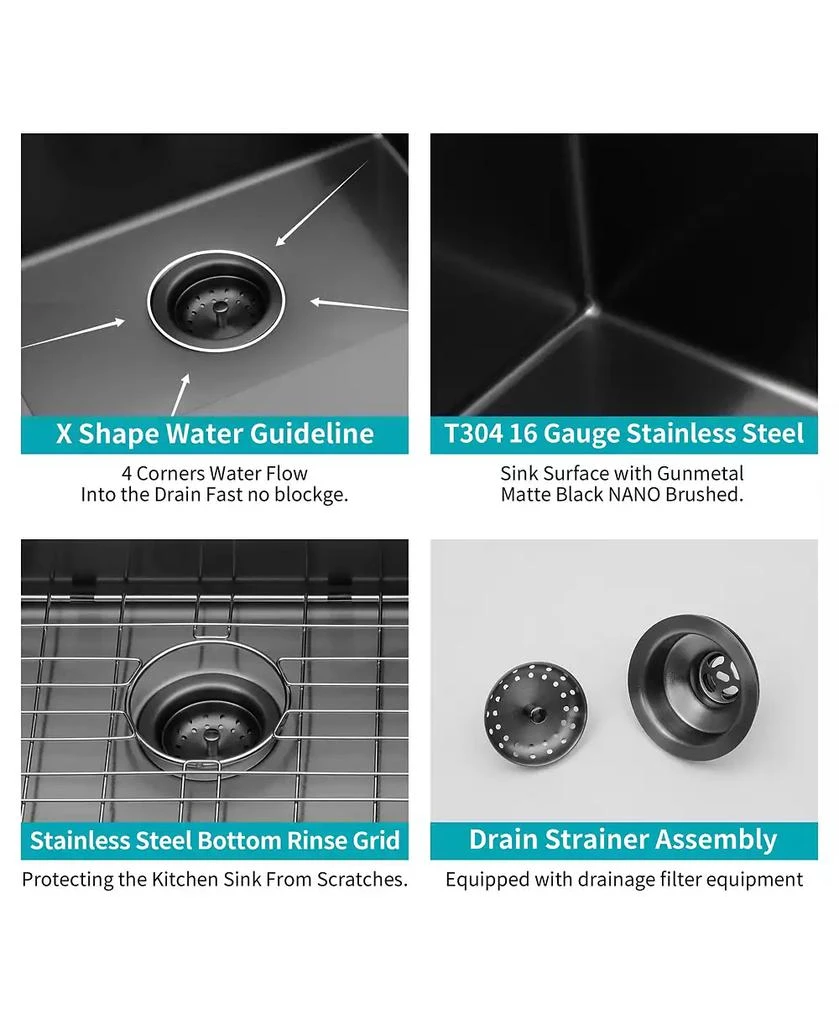 Flynama huluwat 28x22x10inch Gunmetal Black Kitchen Sink Drop In Topmount Stainless Steel 16 Gauge 4