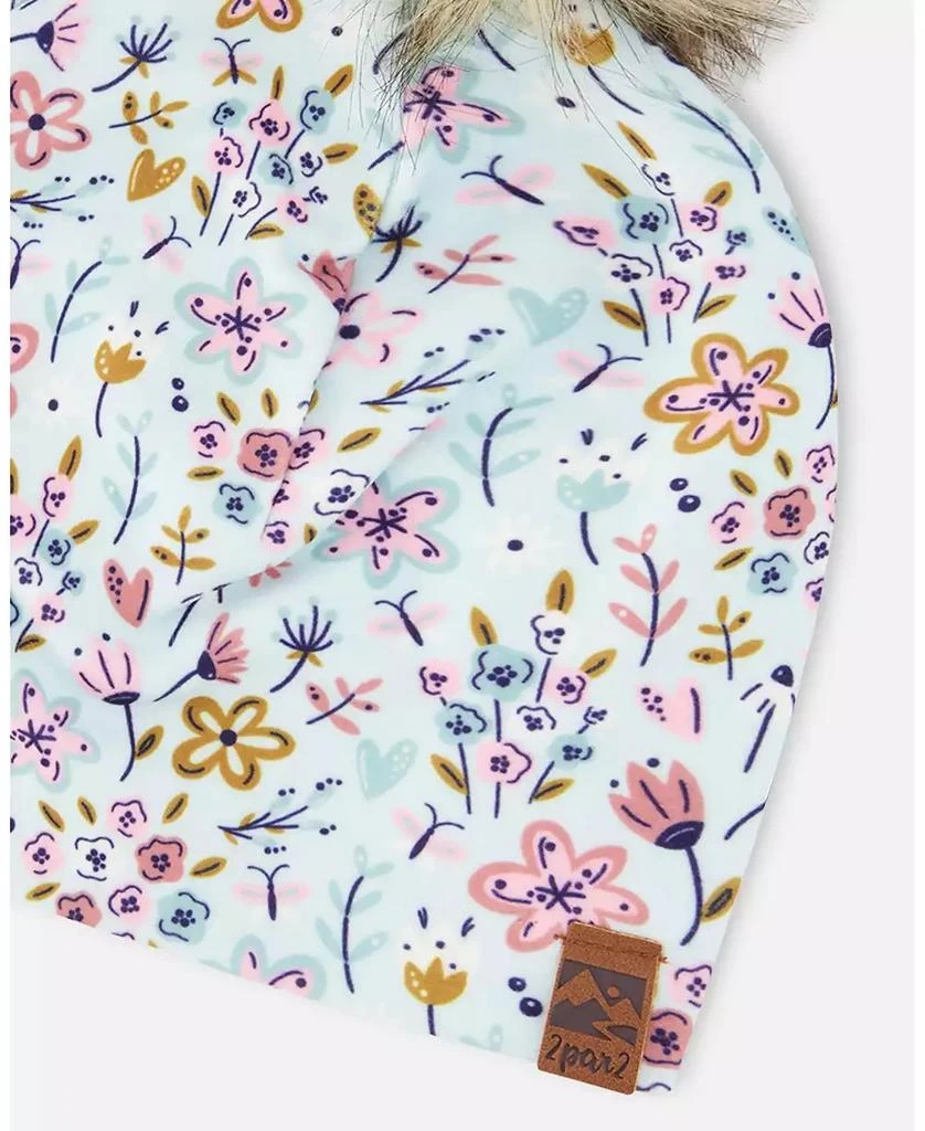 Deux par Deux Baby Girls Stretch Jersey Hat Blue Mini Flower Print with Pompom 5