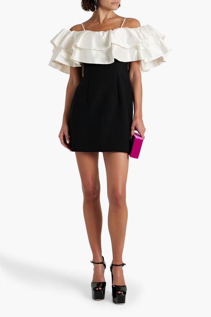 RASARIO Cold-shoulder ruffled taffeta and crepe mini dress