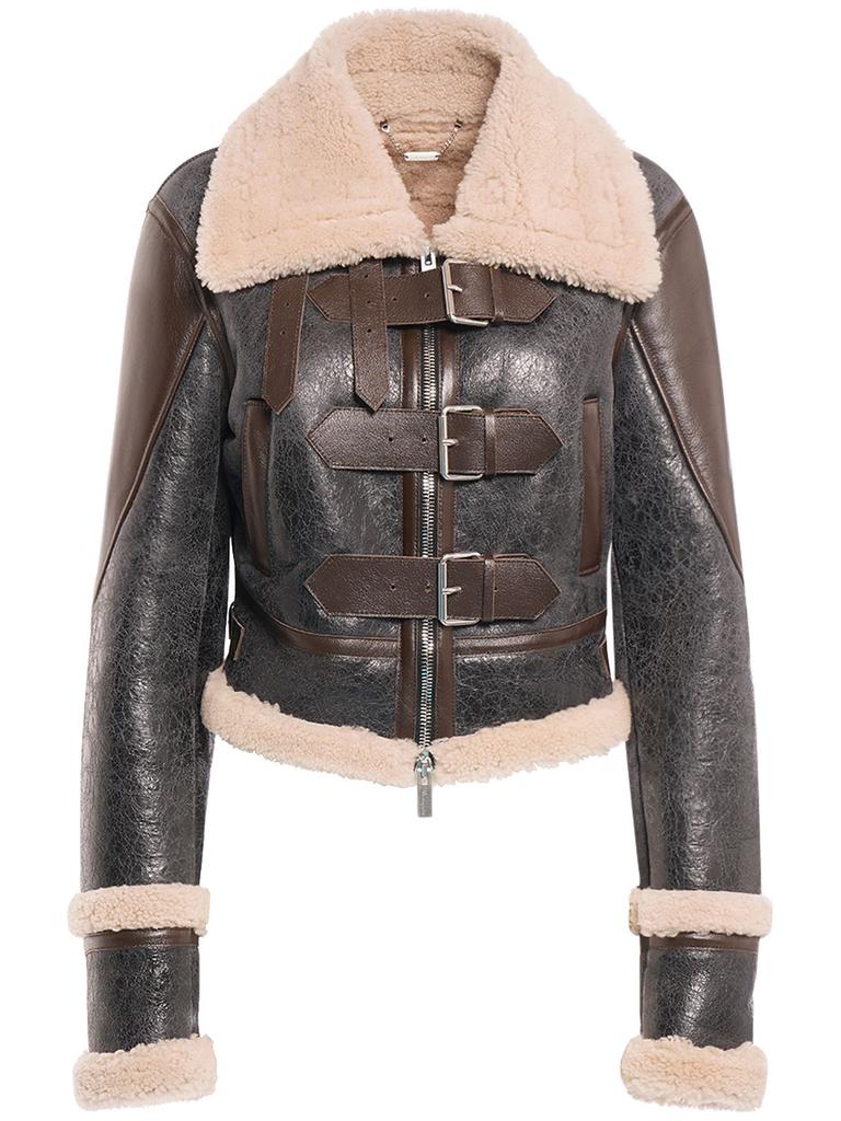 BLUMARINE Leather Shearling Short Jacket W/buckles