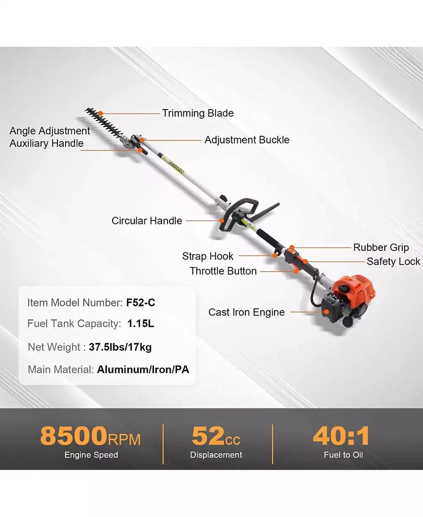Mecale 52CC 6-in-1 Gas Trimming Tool Set, Hedge Trimmer, String Trimmer, Brush Cutter, Edger, Pole Saw, Chainsaw Pruner, Extension Pole 4