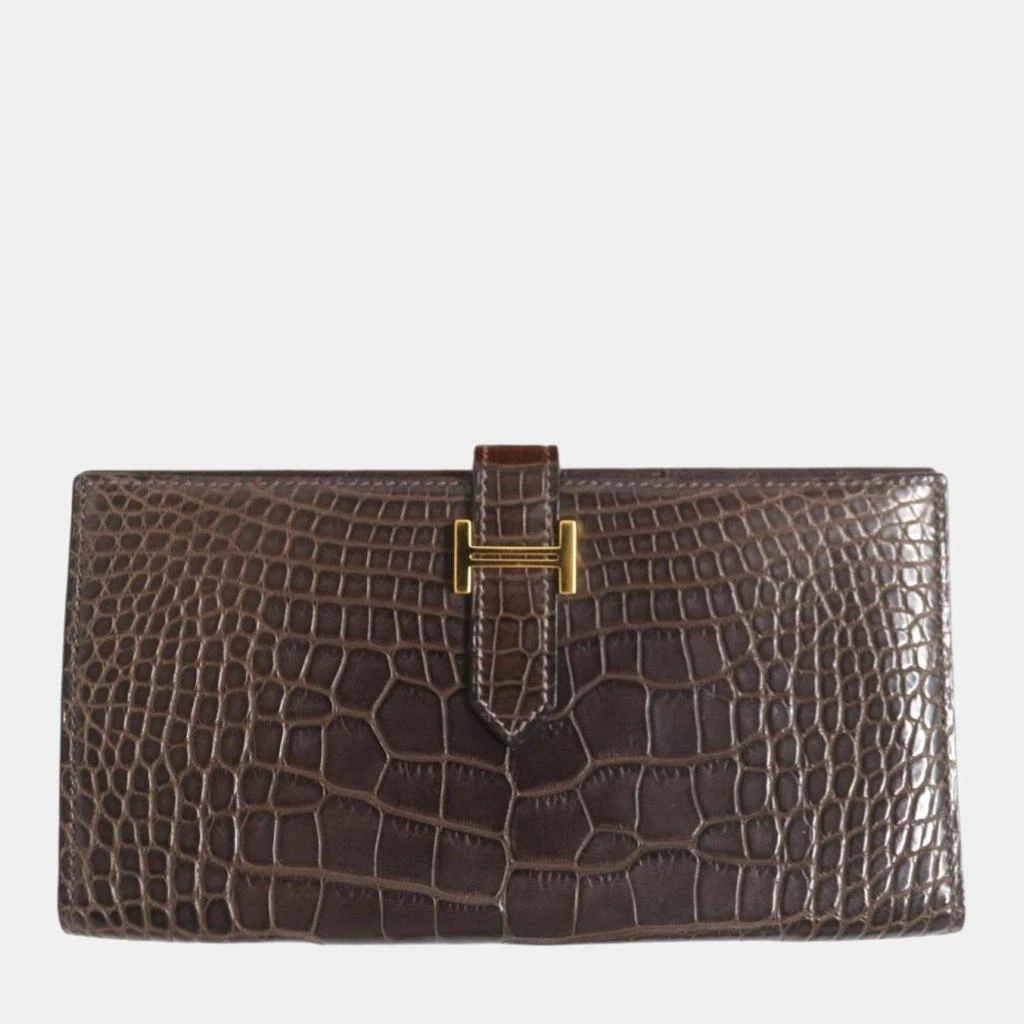 Hermes Hermes Bearn Alligator Leather Bi-fold Wallet Brown Leather 3