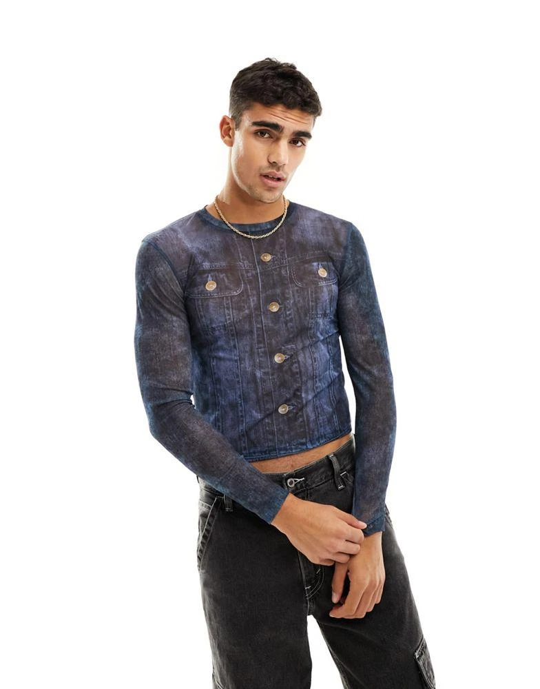 ASOS ASOS DESIGN cropped muscle long sleeve t-shirt in denim printed mesh 1
