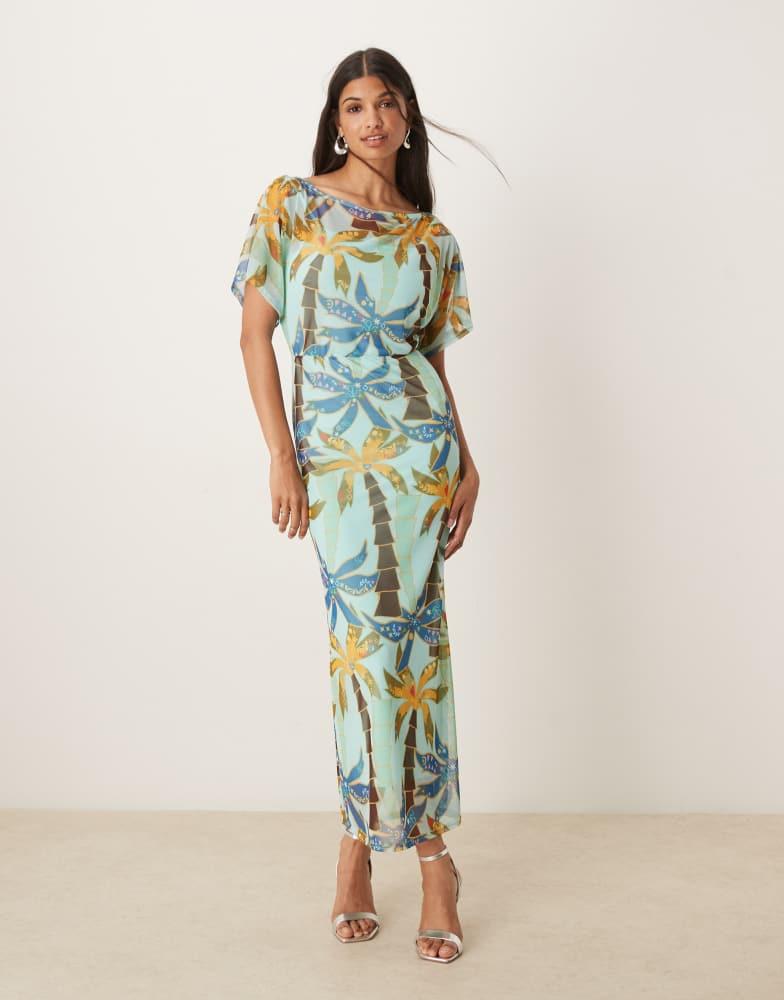 Never Fully Dressed Never Fully Dressed Tilly off asymmetric mesh maxi dress in blue palm print