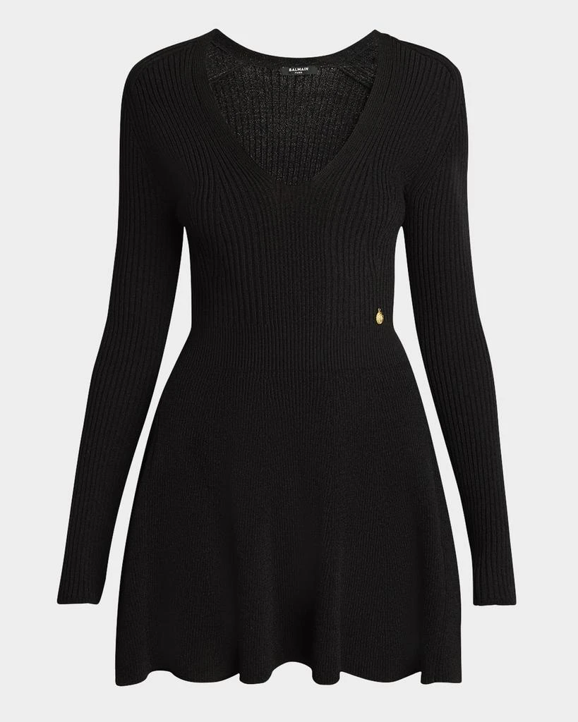 Balmain Plunging Long-Sleeve Rib Knit Mini Dress 1