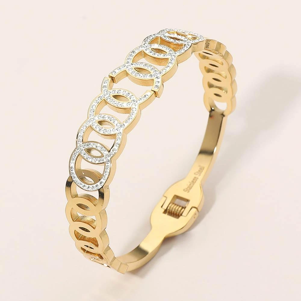 FASHNZFAB Stainless Steel CZ Pave Circle Link Hinged Bangle Bracelet 2