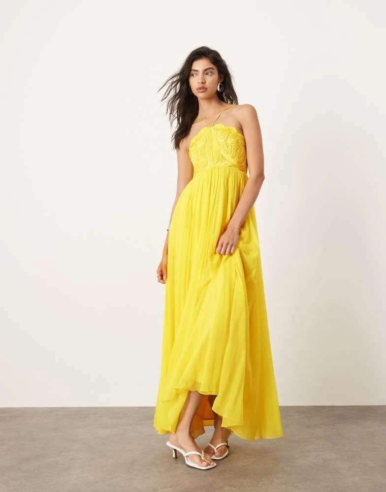 ASOS ASOS EDITION embroidered satin cornelli maxi dress with chiffon skirt in yellow 1