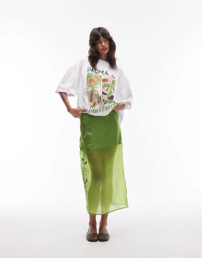 Shop Topshop embroidered organza midi skirt in green on Sale at