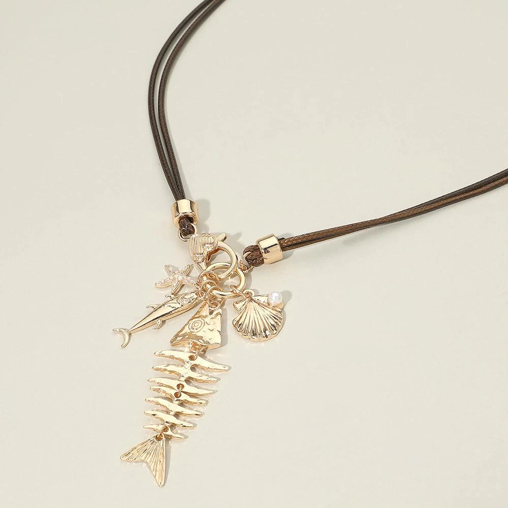 FASHNZFAB Fishbone Pearl Shell Charm Pendant Layered Cord Necklace